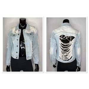 Boyfriend Ripped Stonewashed Distressed Cotton Spandex Blend Jean Jacket Sz XS